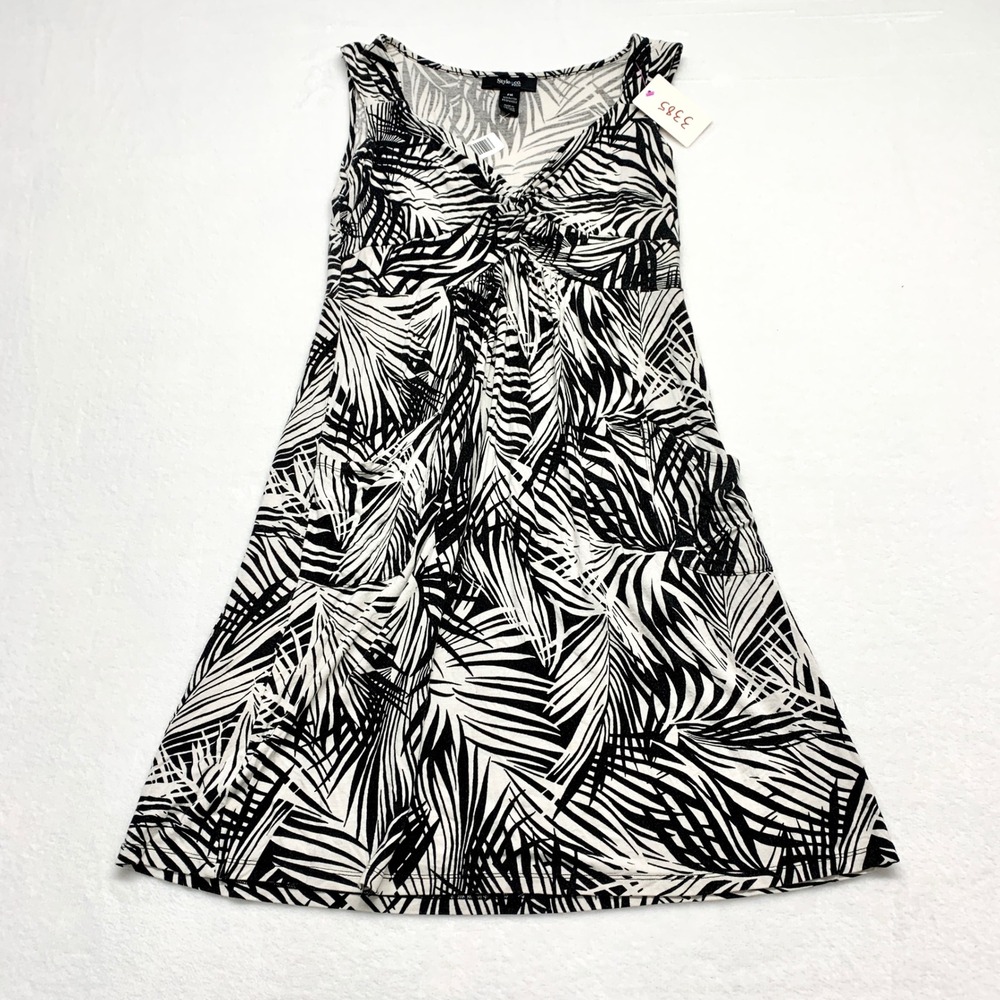 Style & Co Petite Palm Print A-Line Dress Womens Size PM Black White Rayon Blend